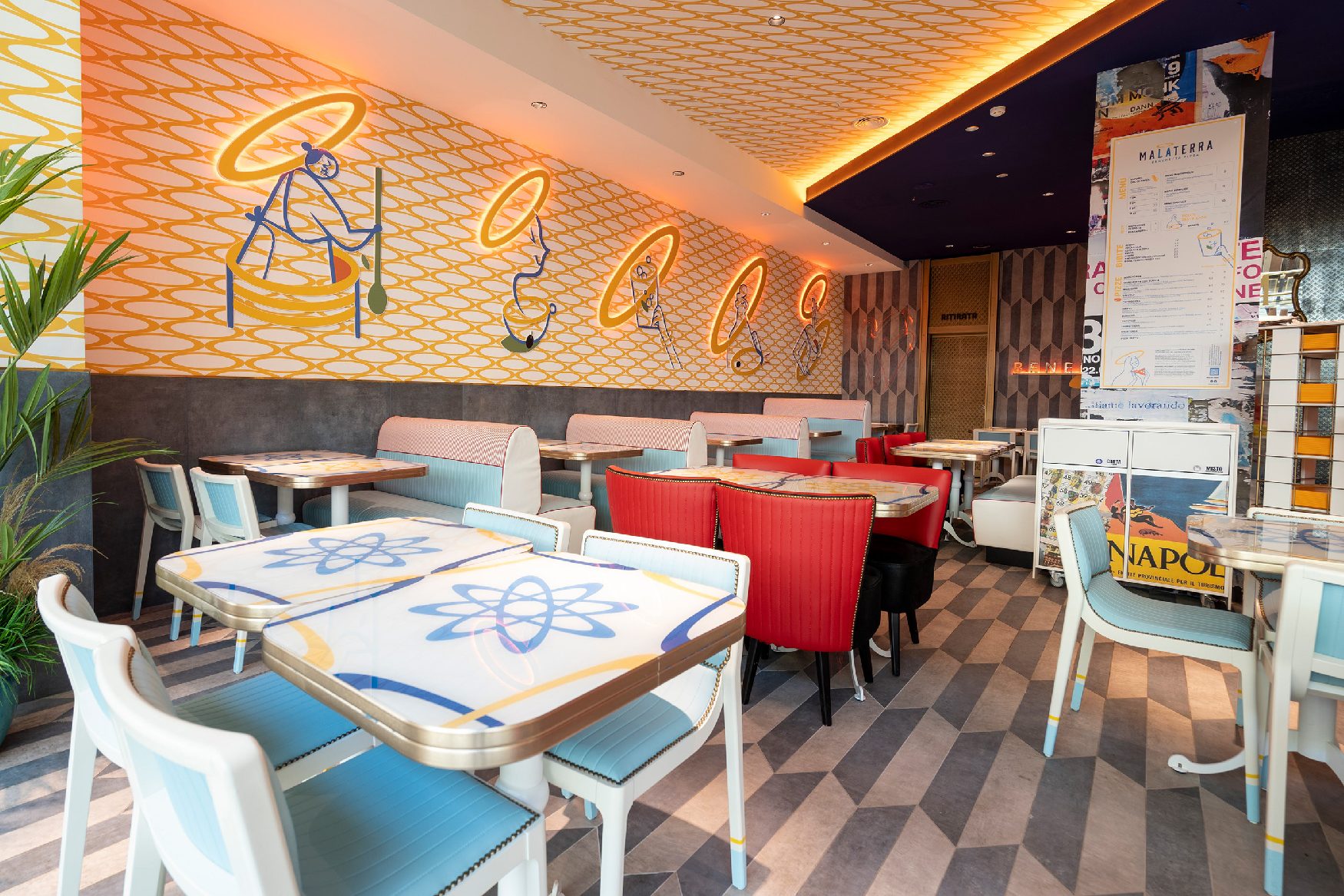 Restaurant dining room with illustrated walls