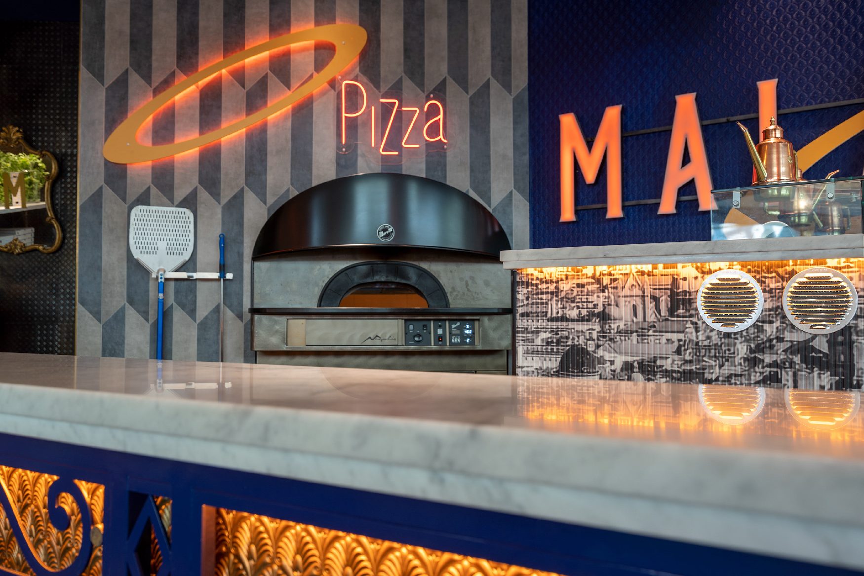 Pizza oven and Malaterra signage