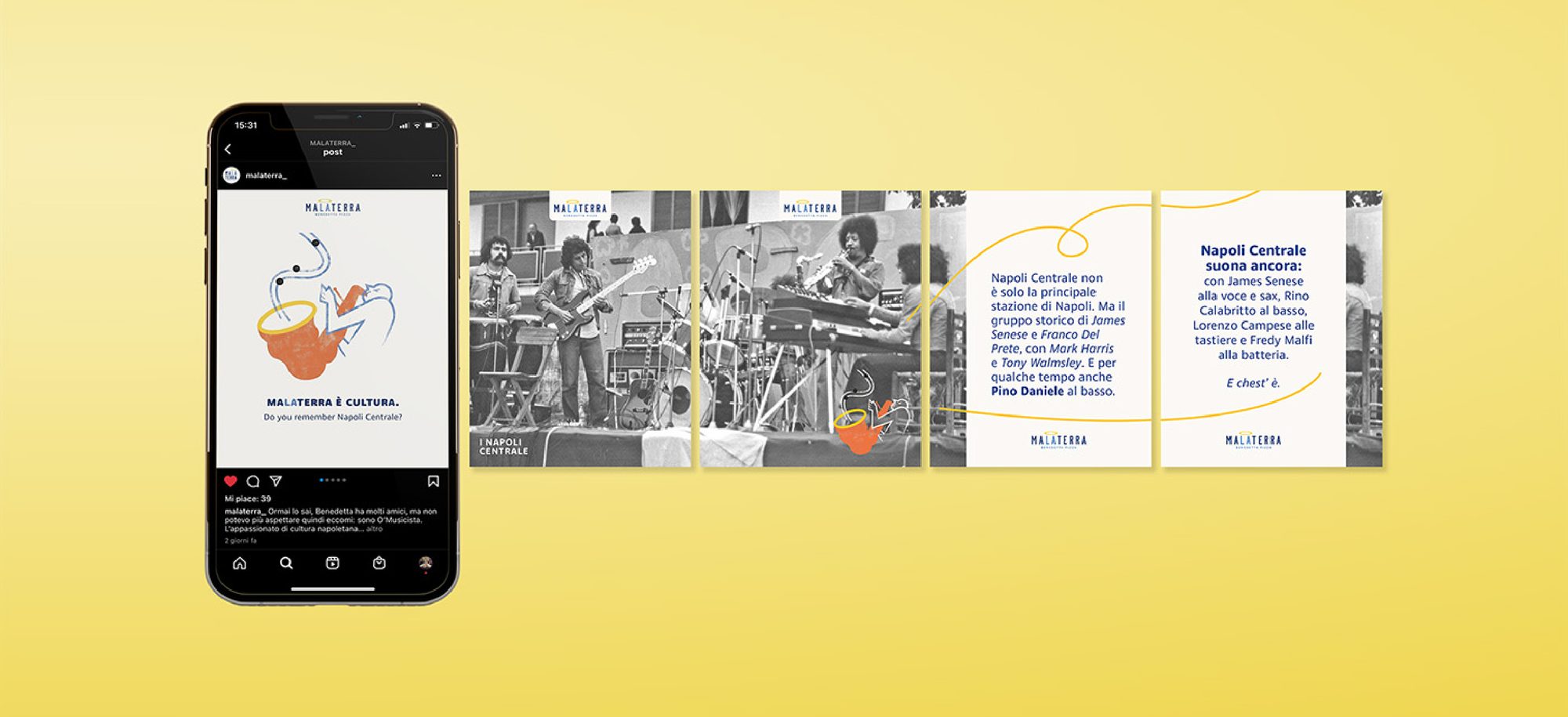 Malaterra social media posts and phone mockup