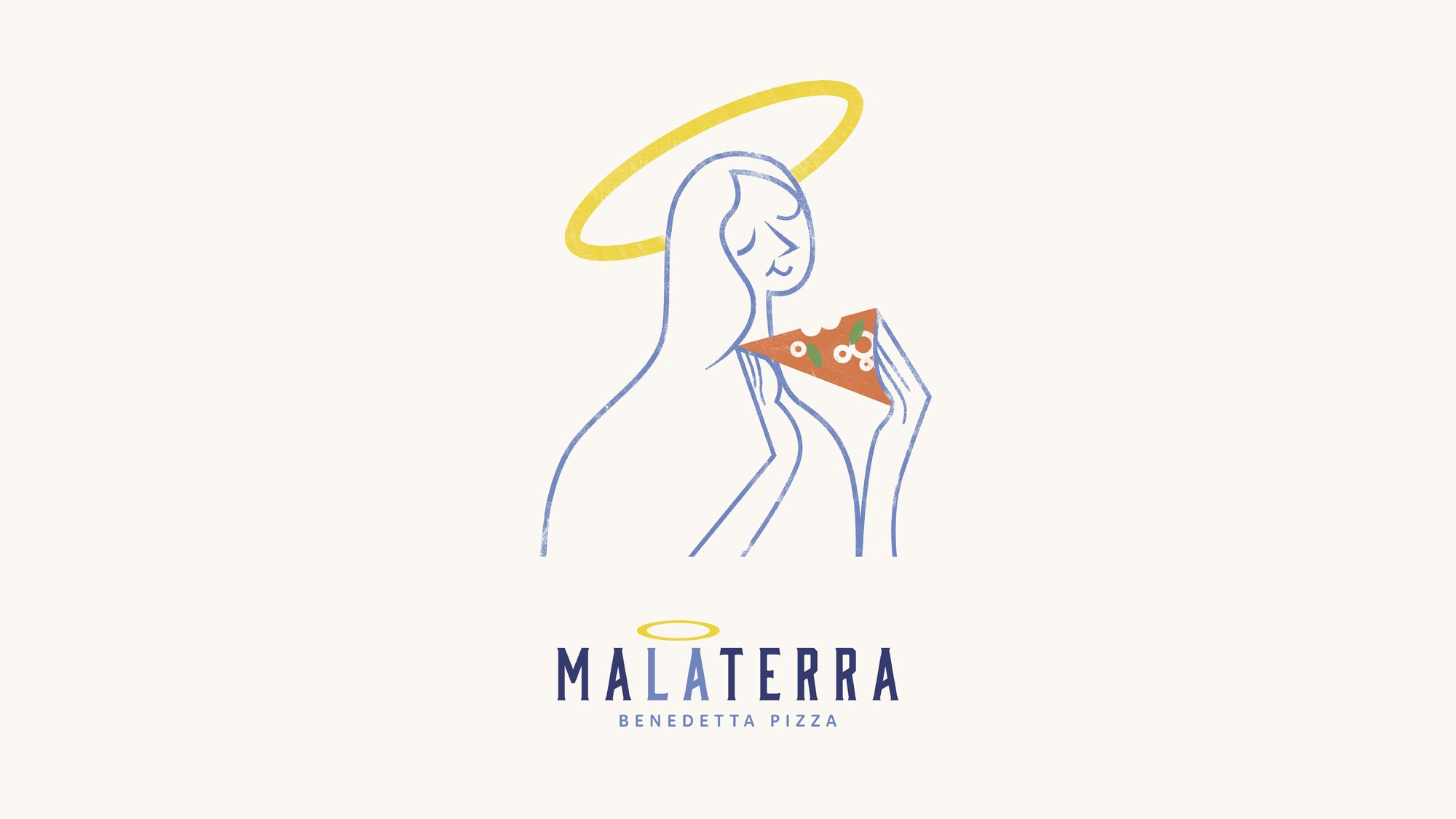 Malaterra logo: the sacred Madonna eating pizza