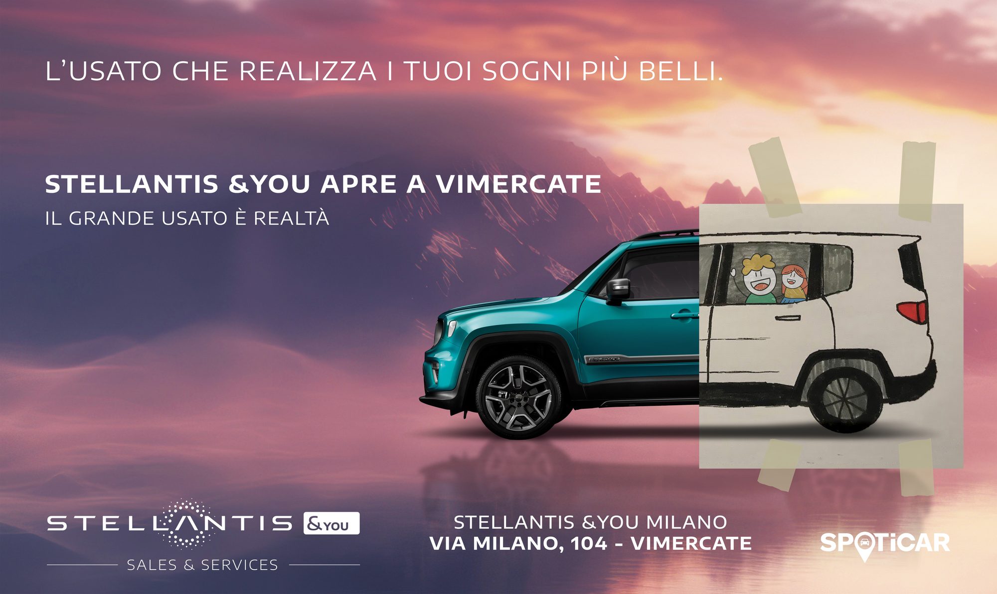 Jeep Renegade in a dreamy landscape, half drawn by a child